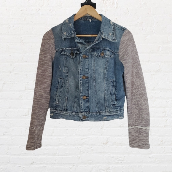 Free People Small Knit Sleeve Jean Jacket